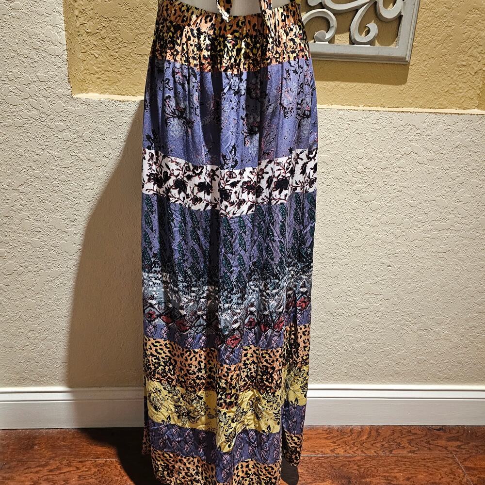Angie M NWT Boho Patchwork Maxi Dress Tie Bach Festival Wonderlust Western Folk - Picture 10 of 13
